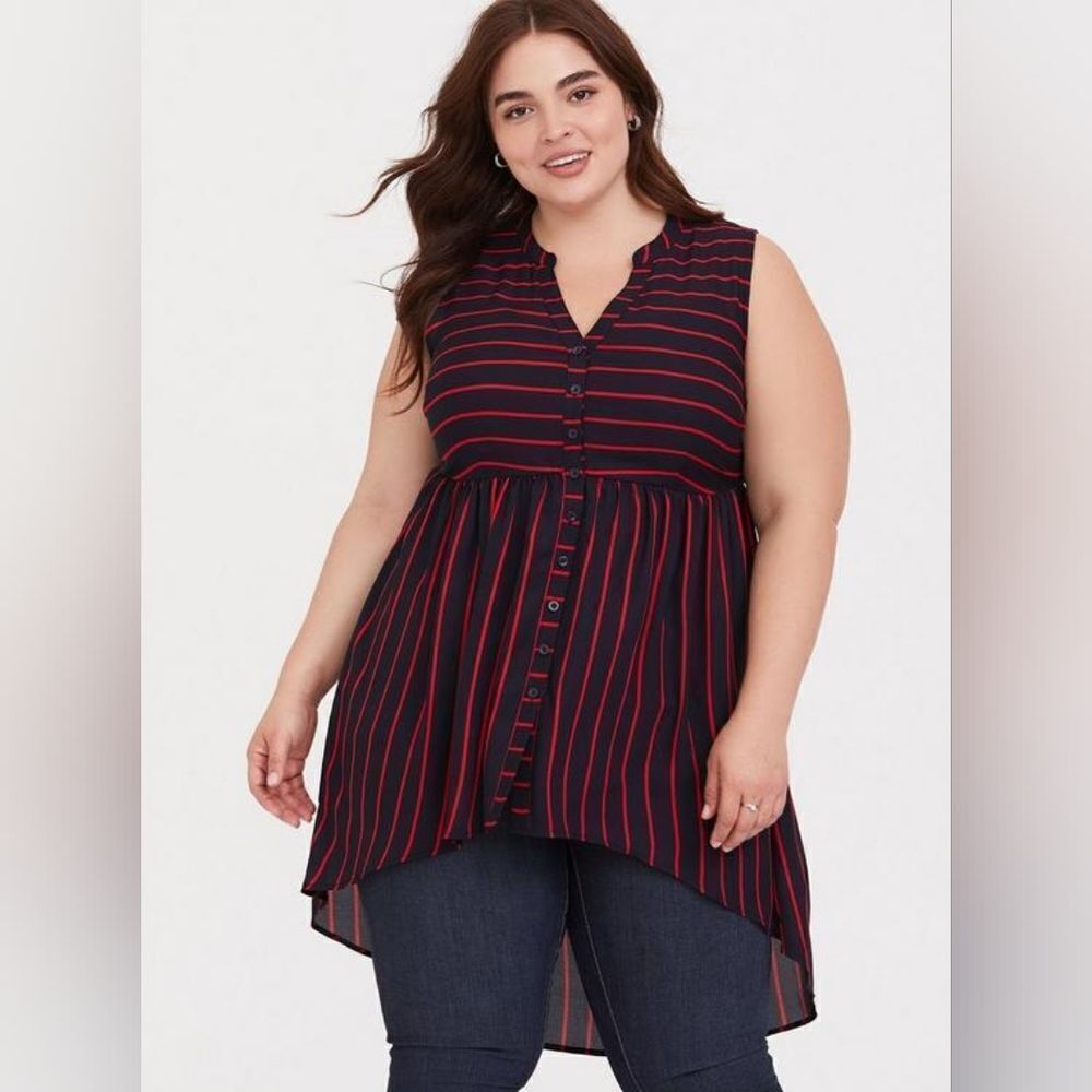 Torrid Lexie Georgette Tunic Top Navy Red Striped Dress Front Button Down Size 2